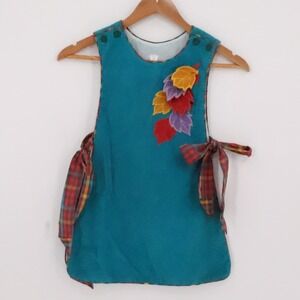 Vtg 70s Teal Corduroy Pinafore Jumper Dress Girls Leaf Applique Side Ties Size 6